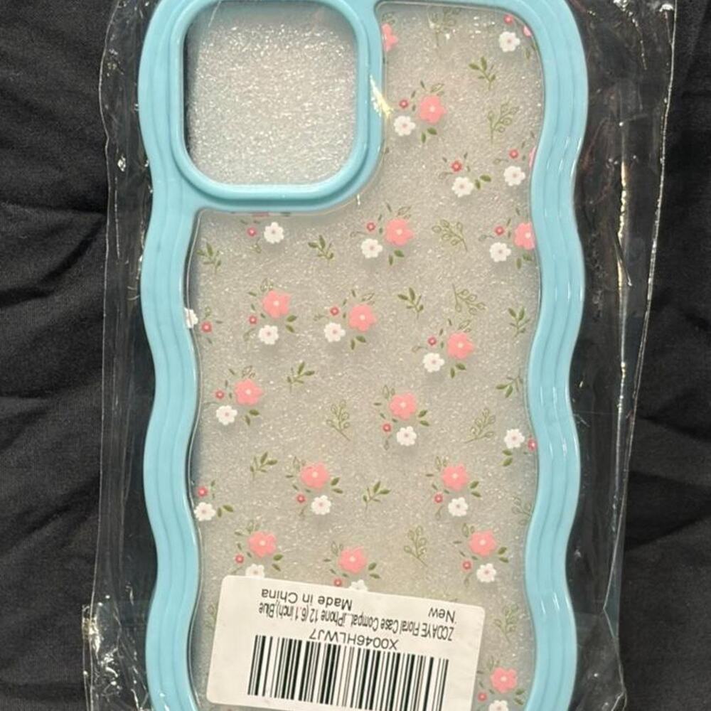 🚨 iPhone 12 Blue Wavy-Edge Phone Case Floral Pattern Pink White Blossoms. 📱